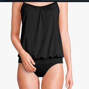 NWT Lands' End Womens Chlorine Resistant Blouson Tankini Top Black Regular 14